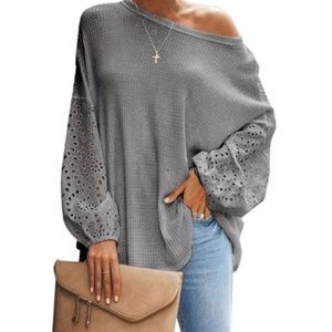 Gray waffle knit top with eyelet sleeves